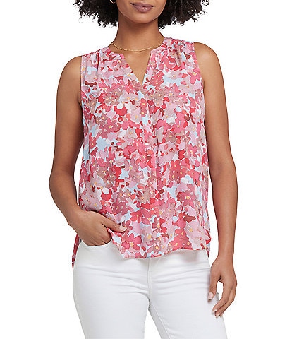 NYDJ Woven Sleeveless Inverted Pleat Mandarin Collar Pintuck Blouse