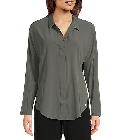 NZ ACTIVE by NIC + ZOE Solid Woven Tech Stretch Point Collar Dolman Sleeve Snap Front Shirt