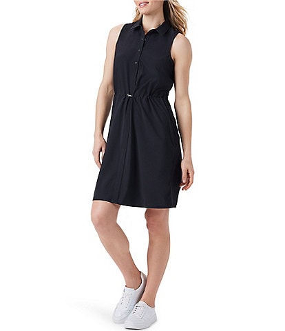 NZ ACTIVE by NIC + ZOE Woven Tech Stretch Point Collar Drawcord Waist Sleeveless Pocketed Dress