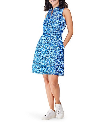 NZ ACTIVE by NIC+ZOE Tech Stretch Knit Animal Blues Print Point Collar Sleeveless Button Front A-line Dress