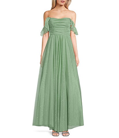 City Vibe Of-The-Shoulder Ruched Bodice Long Dress