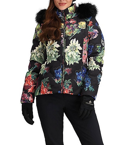 Obermeyer Bombshell Luxe Alpine Flowers Printed Long Sleeve Zip Front Faux Fur Trim Hooded Ski Jacket