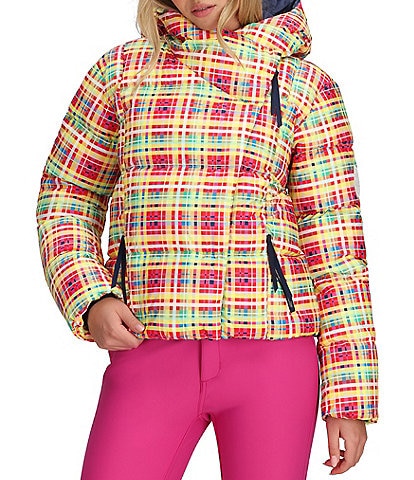 Obermeyer Calypso Down Plaid Print Asymmetrical Zip Puffer Ski Jacket