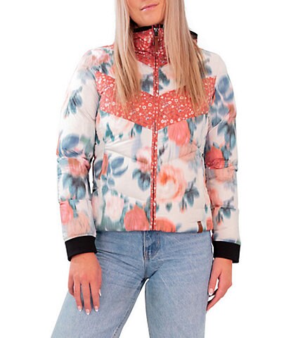 Obermeyer Peyton Floral Print Quilted Hooded Long Sleeve Stand Collar Puffer Ski Coat
