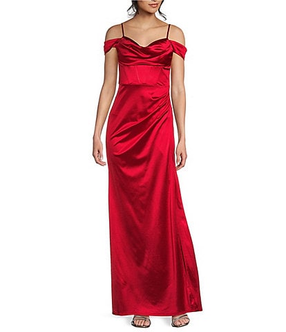 B. Darlin Off-The-Shoulder Corset Wrap Side Slit Long Dress