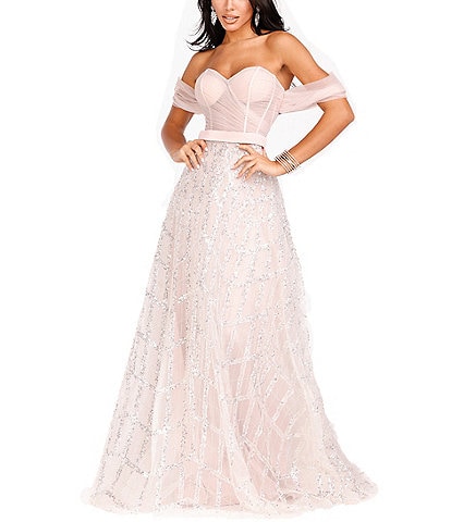 Off-The-Shoulder Illusion Bodice Beaded Glitter Ball Gown