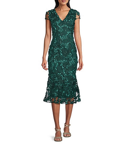 Oleg Cassini 3D Flower Petal Mesh V-Neck Cap Sleeve Midi Gown