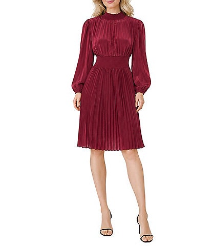 Oleg Cassini Long Sleeve Pleated Dress