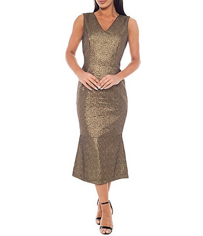 Oleg Cassini Metallic Brocade V-Neck Sleeveless Mermaid Dress