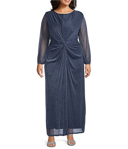 Oleg Cassini Plus Size Metallic Sheer Knit Crew Neck Long Sleeve Knot Front Gown