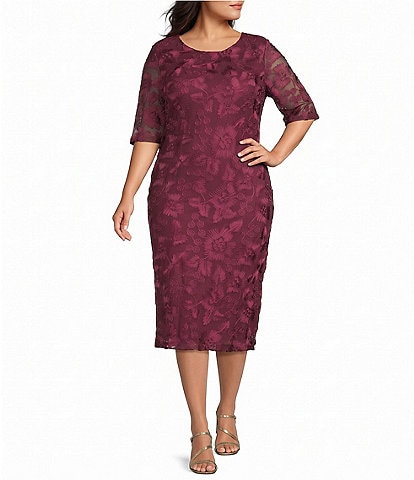 Oleg Cassini Plus Size Soutache Mesh Elbow Sleeve Midi Dress