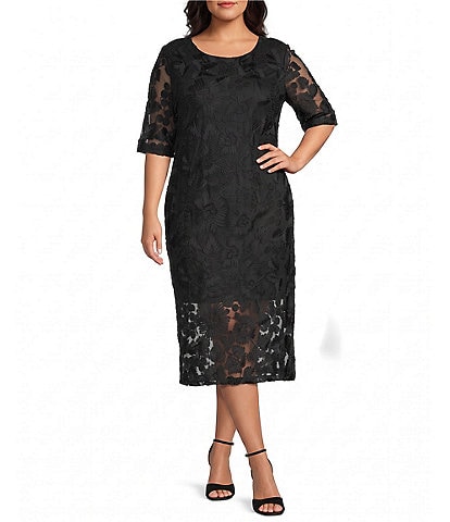 Oleg Cassini Plus Size Soutache Mesh Elbow Sleeve Midi Dress