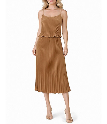 Oleg Cassini Ruffle Pop Over Bodice Pleated Midi Dress