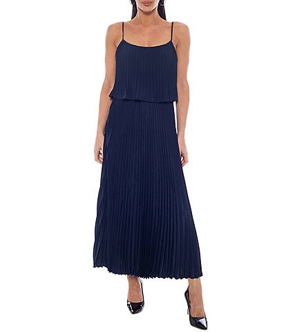 Oleg Cassini Ruffle Pop Over Bodice Pleated Midi Dress