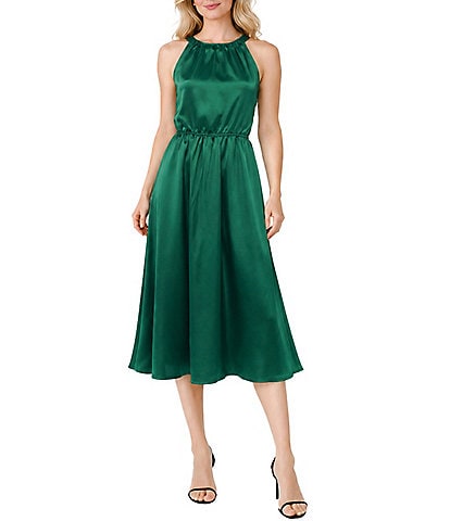 Oleg Cassini Satin Rouched Neck Dress