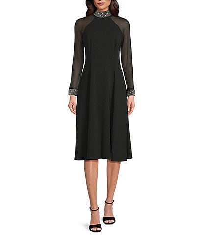 Oleg Cassini Scuba Crepe Beaded Mock Neck Sheer Long Sleeve A-Line Midi Dress