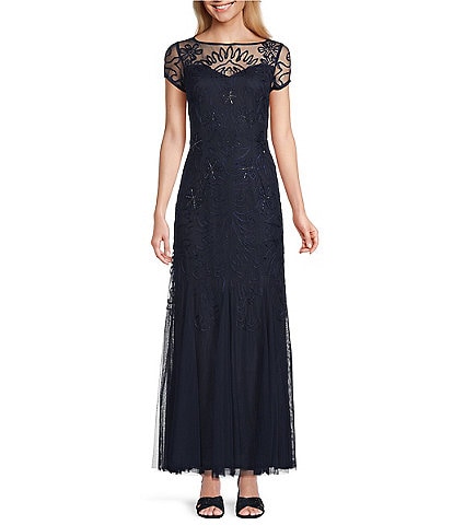 Oleg Cassini Soutache Illusion Cap Sleeve Crew Neck Gown