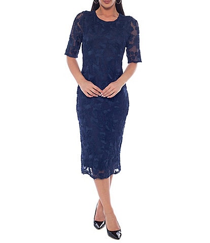 Oleg Cassini Soutache Mesh Elbow Sleeve Midi Dress
