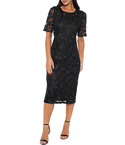 Oleg Cassini Soutache Mesh Elbow Sleeve Midi Dress