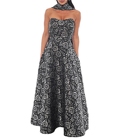 Oleg Cassini Strapless Metallic Brocade Gown
