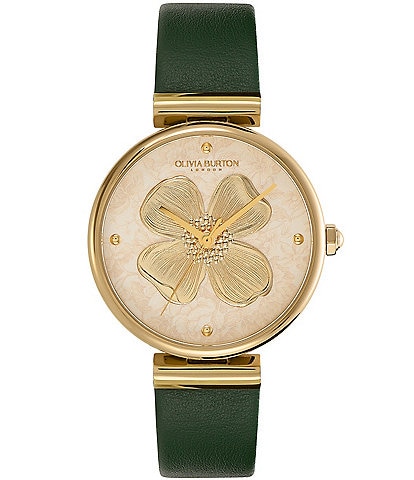 Olivia Burton 36mm Dogwood T-Bar Light Gold & Green Leather Strap Watch