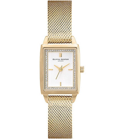 Olivia Burton Rectangle Quartz Analog White Dial Gold Stainless Steel Mesh Bracelet Watch