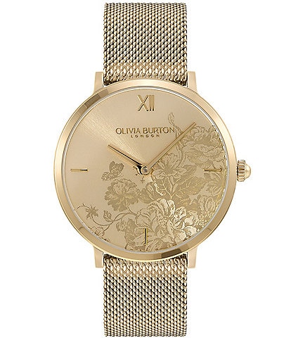 Olivia Burton Women's Floral Blooms Ultra Slim Light Gold & Gold Mesh Bracelet Watch