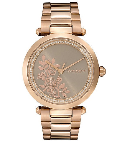 Olivia Burton Women's Floral T-Bar Quartz Analog Carnation Gold Stainless Steel Bracelet Watch