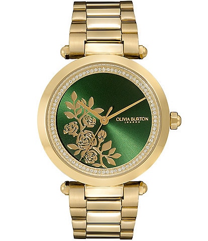 Olivia Burton Women's Floral T-Bar Quartz Analog Gold Stainless Steel Bracelet Watch