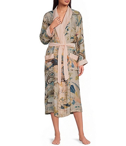 One Hundred Stars Hummingbird Print Long Sleeve Wrap Robe