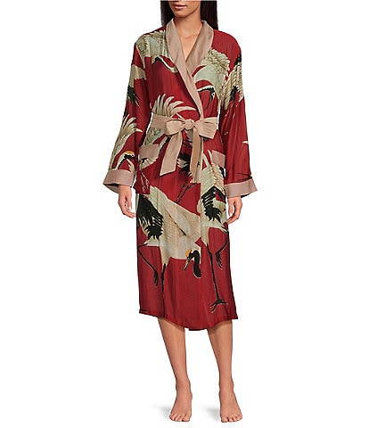 One Hundred Stars Long Sleeve Bird Printed Wrap Robe