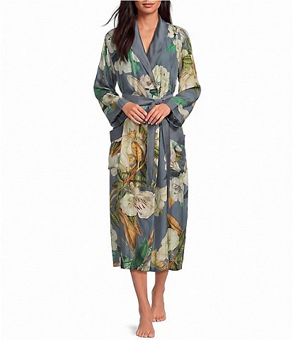 One Hundred Stars Rhodoleia Floral Print Long Sleeve Long Wrap Robe