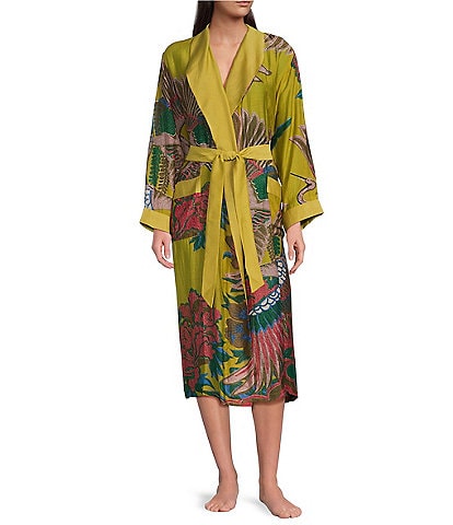 One Hundred Stars Woven Crane Print Long Sleeve Wrap Robe