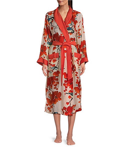 One Hundred Stars Woven Orange Bird Print Long Sleeve Wrap Robe