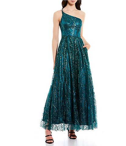 Blondie Nites One-Shoulder Double Strap Glitter Ball Gown