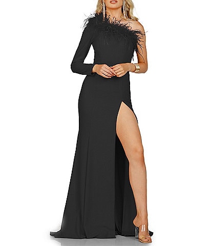 One Shoulder Feather Trim Long Sleeve Formal Gown