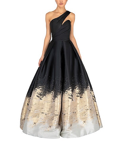 One Shoulder Low Back Printed Ball Gown