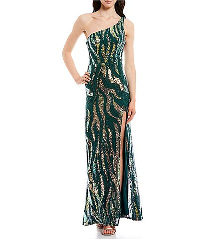 One Shoulder Pattern Sequin Side Slit Long Dress
