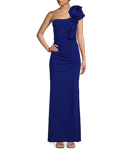 Honey and Rosie One Shoulder Ruffle Ruched Side Slit Long Dress