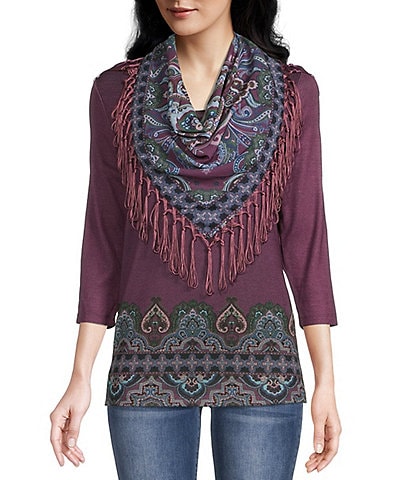 One World Apparel Border Print 3/4 Sleeve Scoop Neck Removable Scarf Top
