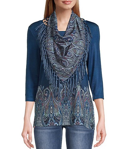 Farmers Market by One World Apparel Petite Size Border Paisley Print 3/4 Sleeve Scoop Neck Removable Scarf Top