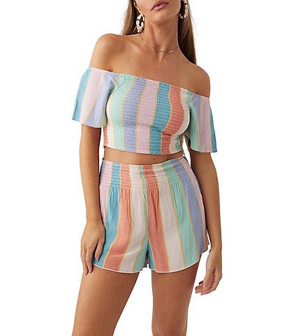 O'Neill Coordinating Ally Off-The-Shoulder Stripe Print Pull-On Short Sleeve Top