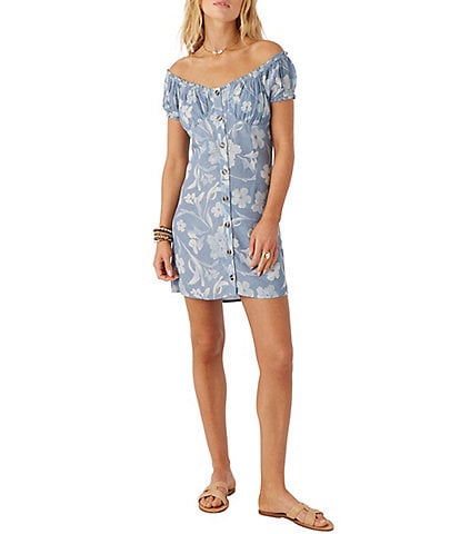 O'Neill Ellison Floral Print Off-The-Shoulder Button-Front Dress