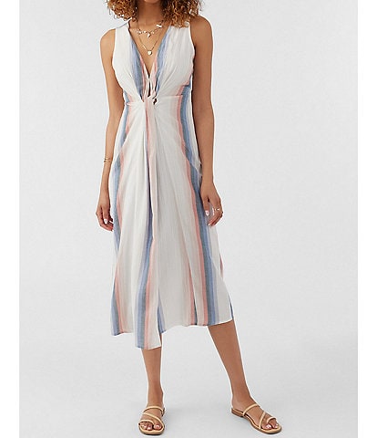 O'Neill Flint Stripe Print V-Neck Front Slit Midi Dress