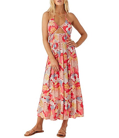 O'Neill Kynlee Printed Halter Neck Front Cut-Out Smocked Midi Dress