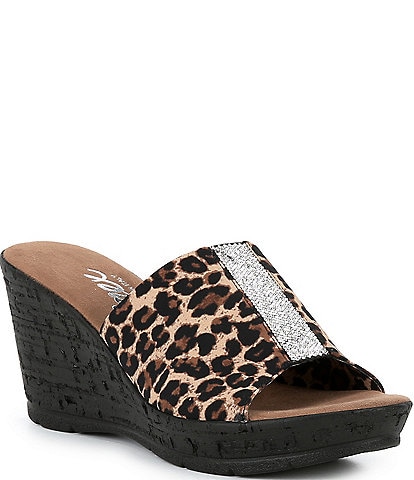 Onex Danica Stretch Fabric Crystal Detail Leopard Wedge Sandals