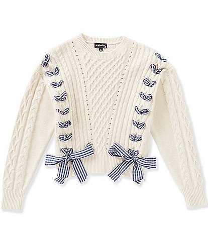 Originality Big Girls Long Sleeve Cable Lace Up Bow Pullover