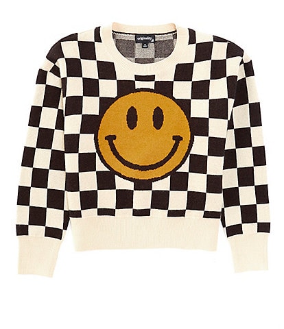 Originality Big Girls 7-16 Long-Sleeve Smiley Face Checked Boxy Sweater