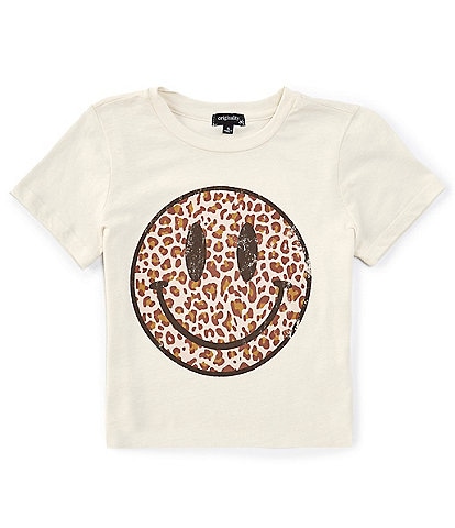 Originality Big Girls 7-16 Short Sleeve Cheetah-Printed Smiley Face Graphic Cropped T-Shirt