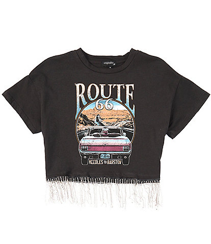 Originality Big Girls 7-16 Short-Sleeve Route 66 Cropped Rhinestone Fringe Trim T-Shirt
